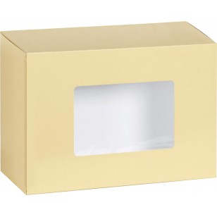 Estuche cartulina beige rectangular con ventana,tamaño 32 x 26 x 8,8 cms,para MANTA